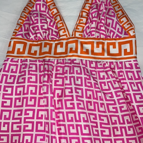 Alice & Trixie Pink & Orange Greek Key Print Silk Halter Dress - Picture 4 of 5